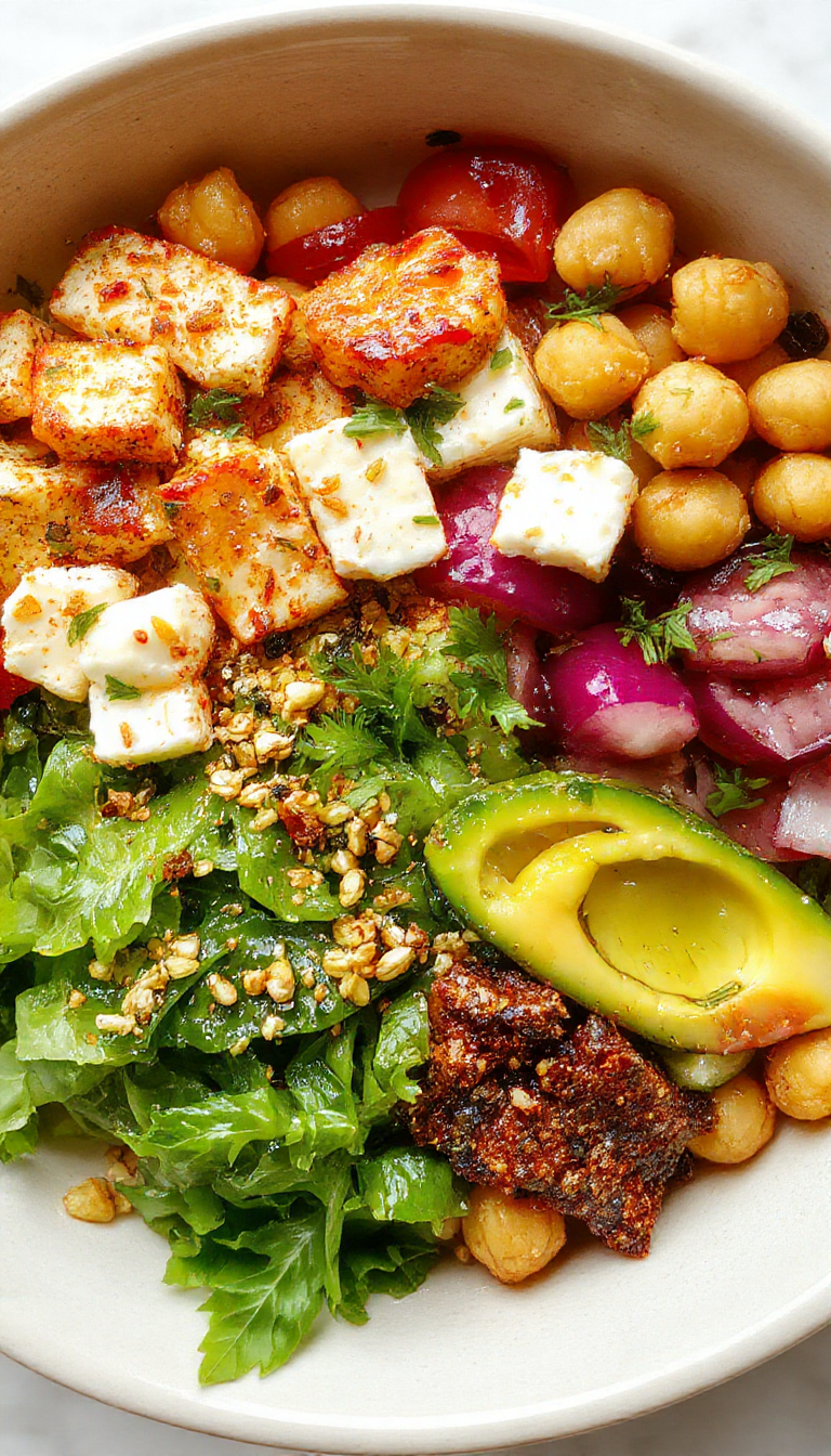 A colorful Mediterranean bowl featuring chickpeas, crumbled feta cheese, cherry tomatoes, cucumbers, olives, and fresh herbs on a vibrant plate.