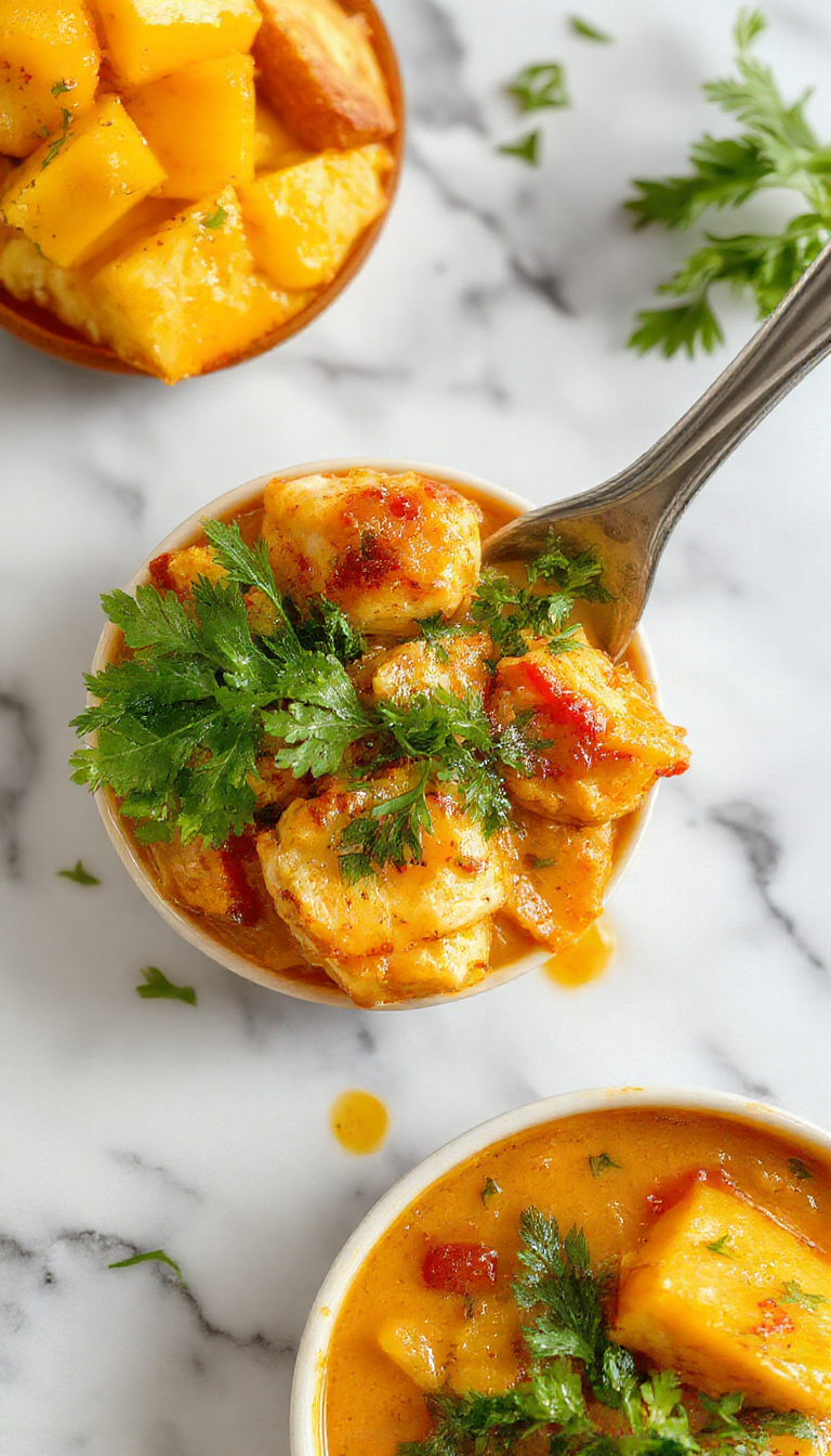 A bright, colorful plate of mango chicken curry featuring tender chunks of chicken in a rich, orange-yellow mango sauce, garnished with fresh cilantro and served with a side of steamed rice. The vibrant hues highlight the tropical ingredients and crispy garnishes, with a glossy finish that emphasizes the dish's flavorful appeal.