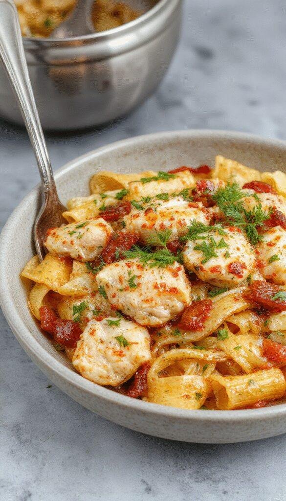 Colorful Mediterranean chicken pasta served on a bright plate with fresh vegetables and herbs, perfect for summer.