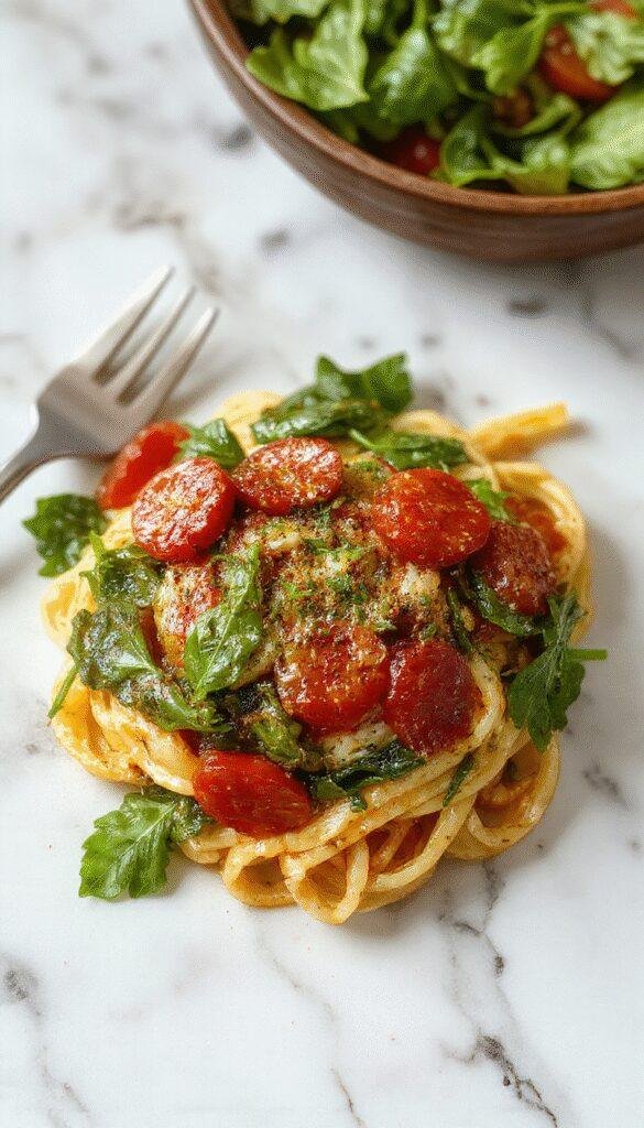 A plate of colorful spinach and cherry tomatoes pasta, garnished with fresh basil and grated cheese. The vibrant green spinach contrasts with bright red tomatoes on a rustic white plate, with a fork resting on the side and a drizzle of olive oil.