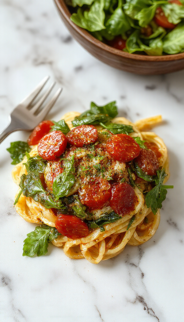 A plate of colorful spinach and cherry tomatoes pasta, garnished with fresh basil and grated cheese. The vibrant green spinach contrasts with bright red tomatoes on a rustic white plate, with a fork resting on the side and a drizzle of olive oil.