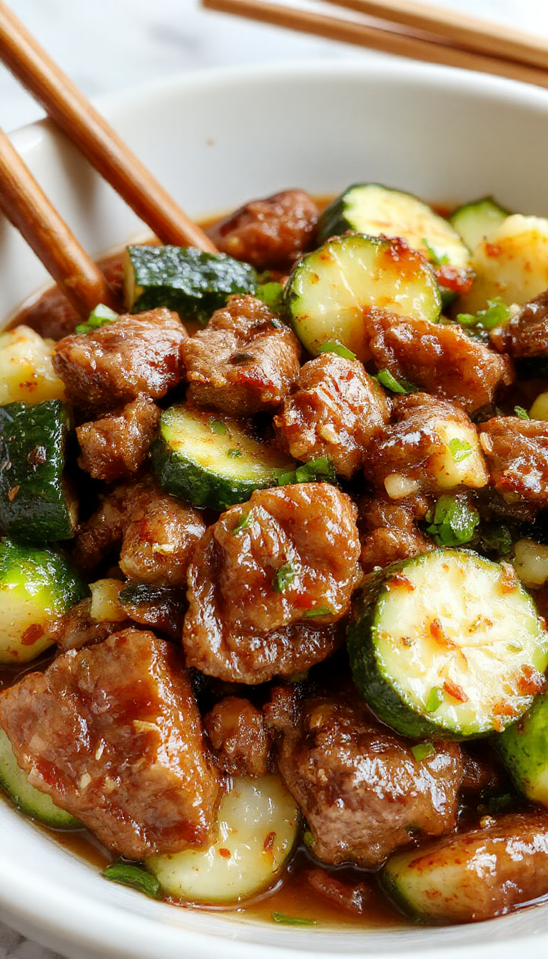 Colorful zucchini and beef stir-fry in a vibrant plate topped with fresh herbs, ready to serve for a quick and healthy dinner.