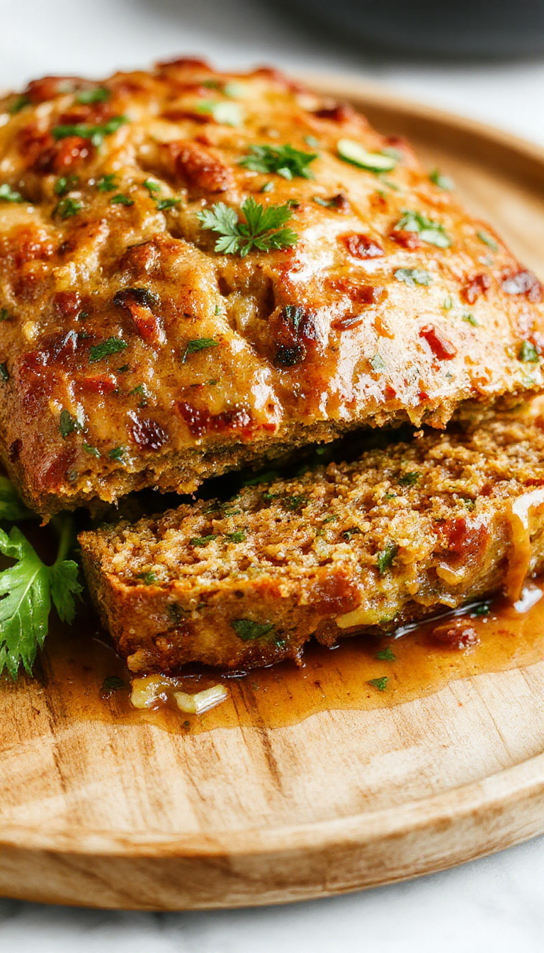A freshly baked Zucchini Loaf sliced to reveal moist, tender interior with green zucchini flecks and a golden crust on a rustic plate.