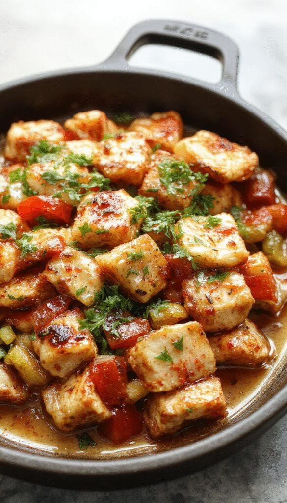A colorful skillet dish featuring ground turkey, red and green bell peppers, and onions cooked to perfection, garnished with fresh herbs.