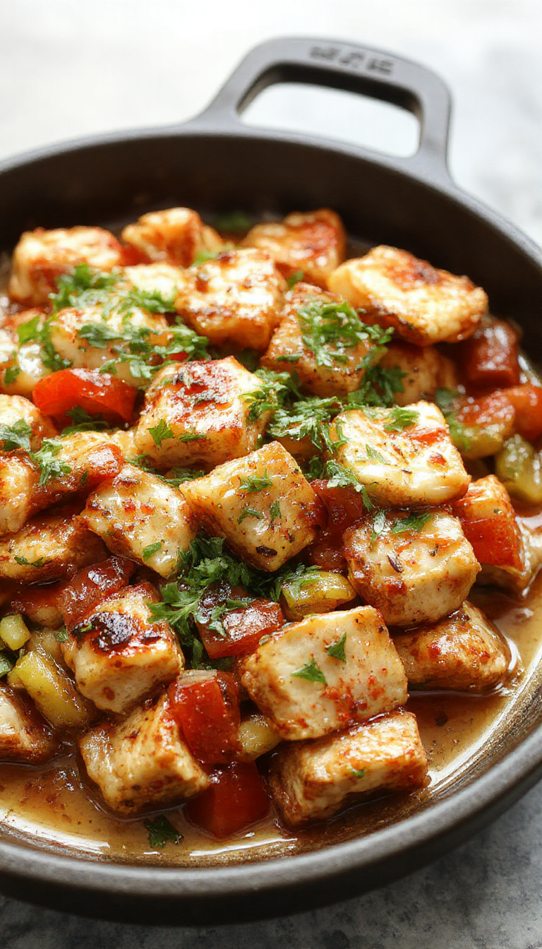 A colorful skillet dish featuring ground turkey, red and green bell peppers, and onions cooked to perfection, garnished with fresh herbs.