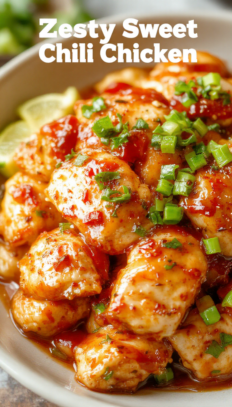 A plate of Zesty Asian Sweet Chili Chicken garnished with fresh herbs and served with steamed rice, showcasing vibrant red glaze and crispy chicken pieces.