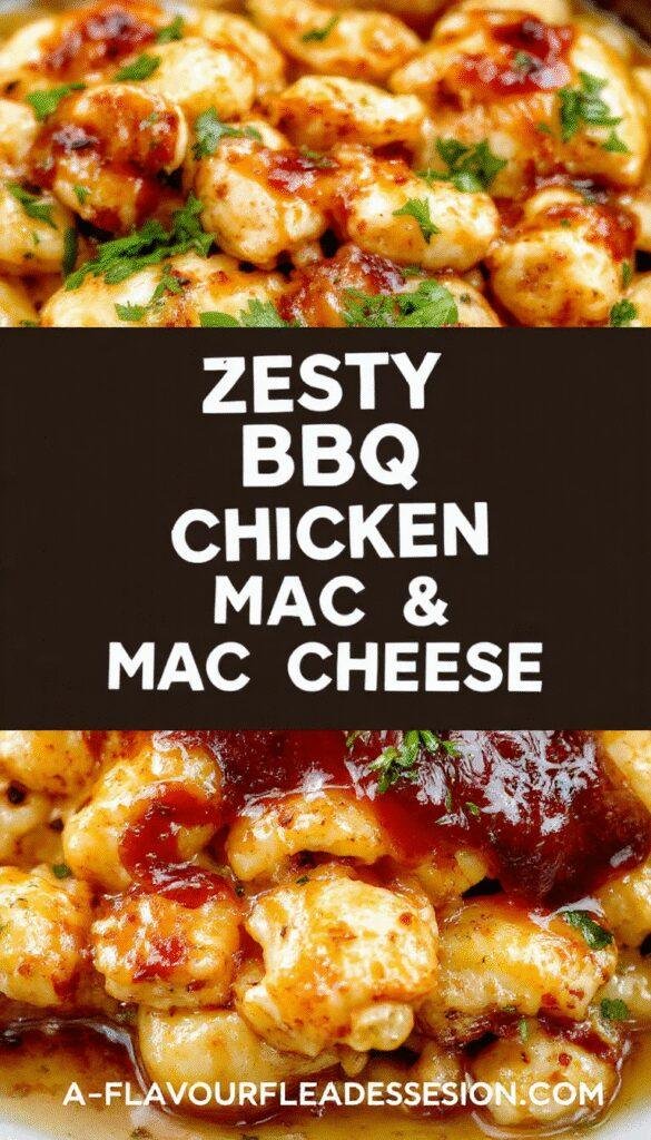 A bowl of creamy macaroni and cheese topped with flavorful grilled BBQ chicken and fresh herbs, garnished with a sprinkle of cheese and chopped green onions.