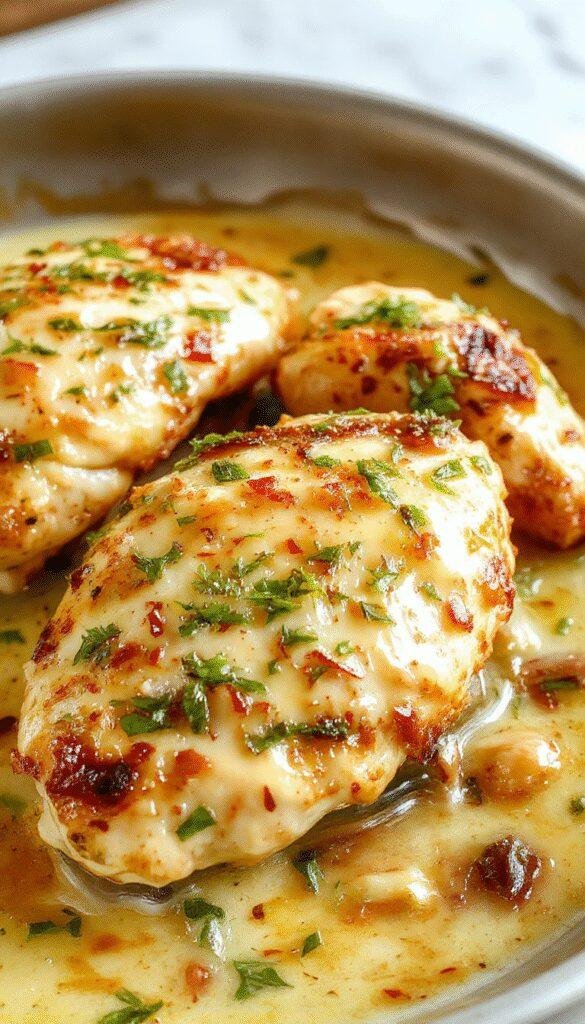 Juicy Cajun chicken breast topped with a vibrant zesty creamy garlic herb sauce served on a plate with fresh herbs