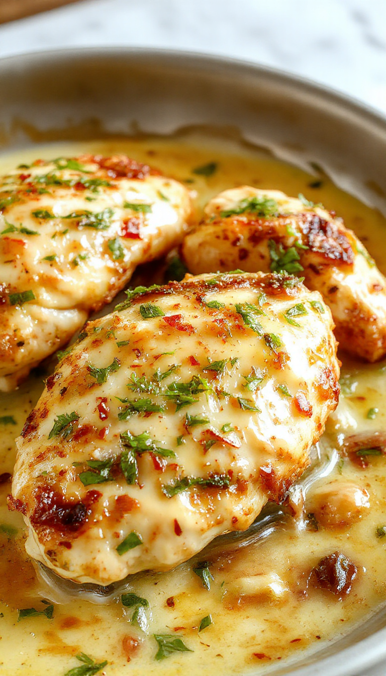 Juicy Cajun chicken breast topped with a vibrant zesty creamy garlic herb sauce served on a plate with fresh herbs