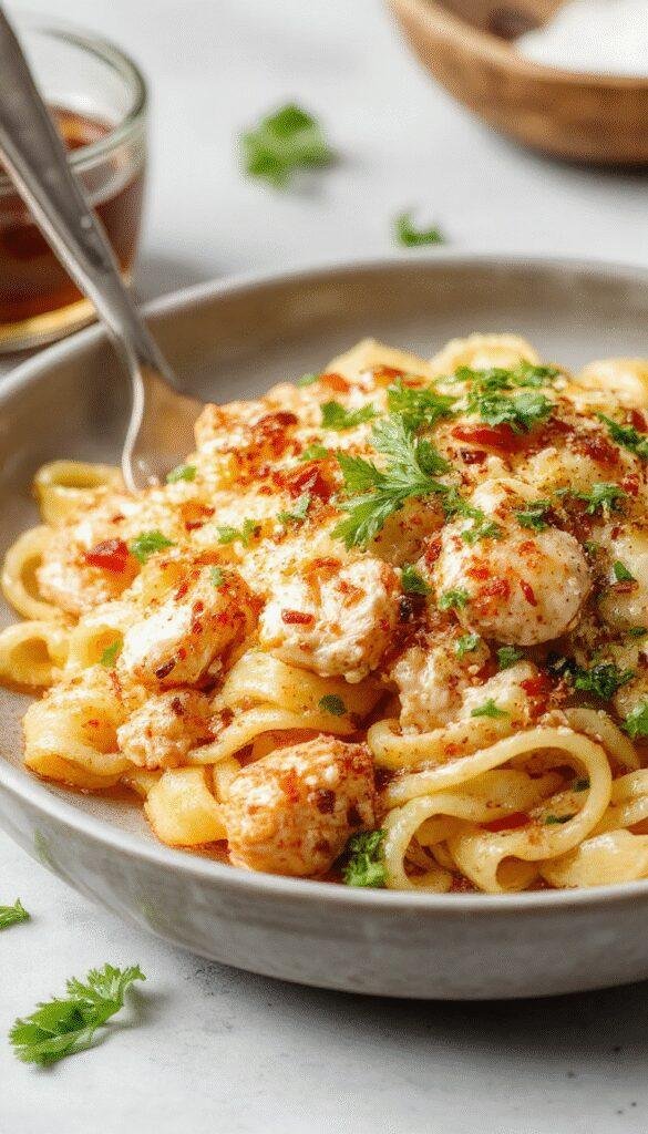 A vibrant plate of Zesty Honey Pepper Chicken Pasta featuring tender chicken pieces, colorful bell peppers, and a glossy honey-pepper sauce garnished with herbs.