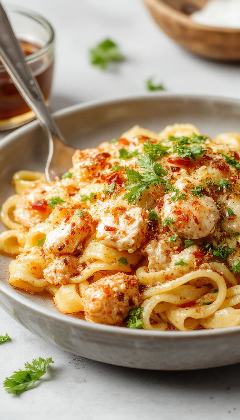 A vibrant plate of Zesty Honey Pepper Chicken Pasta featuring tender chicken pieces, colorful bell peppers, and a glossy honey-pepper sauce garnished with herbs.