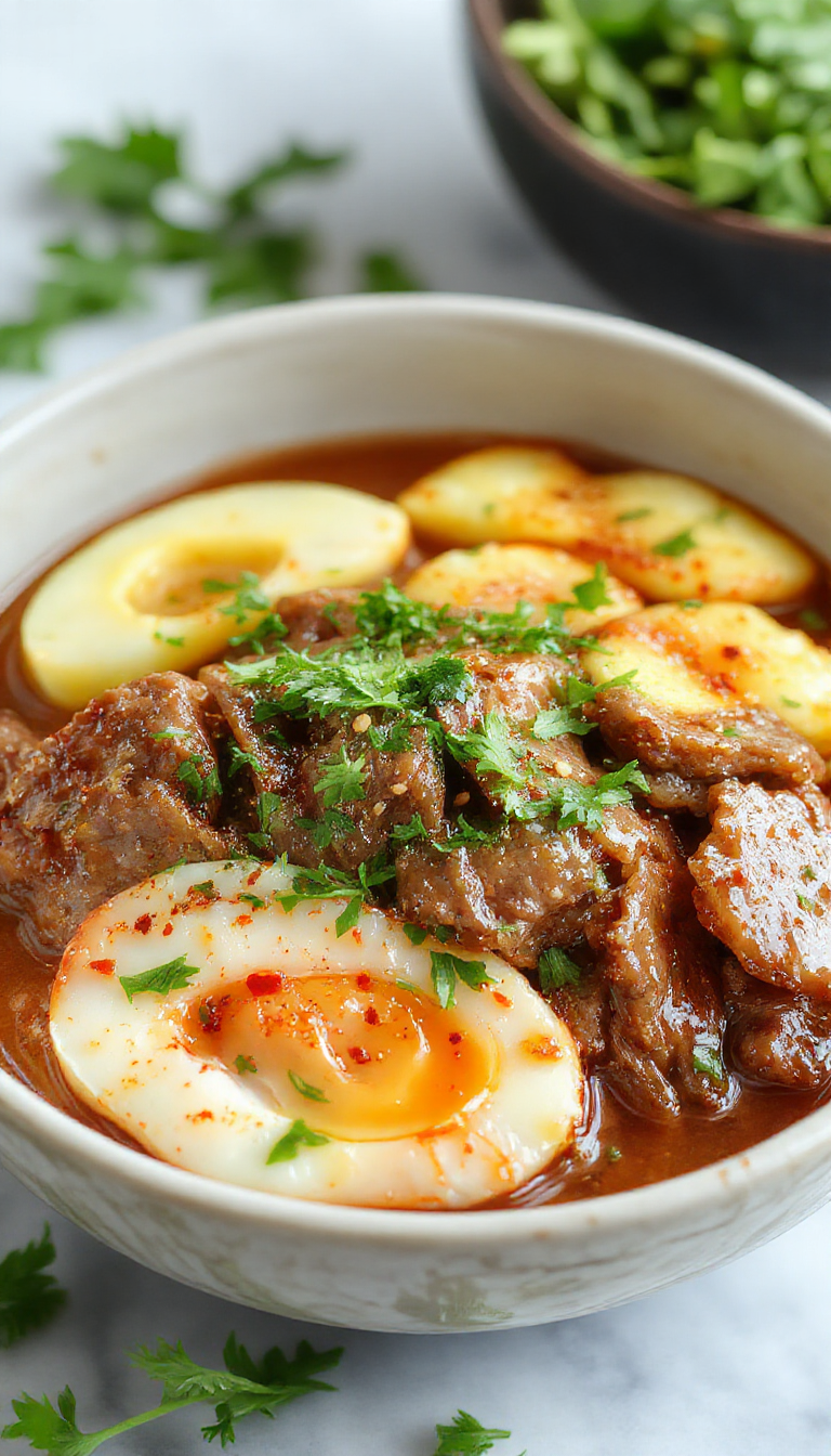 A vibrant Korean Beef Bowl featuring juicy beef strips, fresh vegetables, and a sprinkle of sesame seeds on a colorful plate.