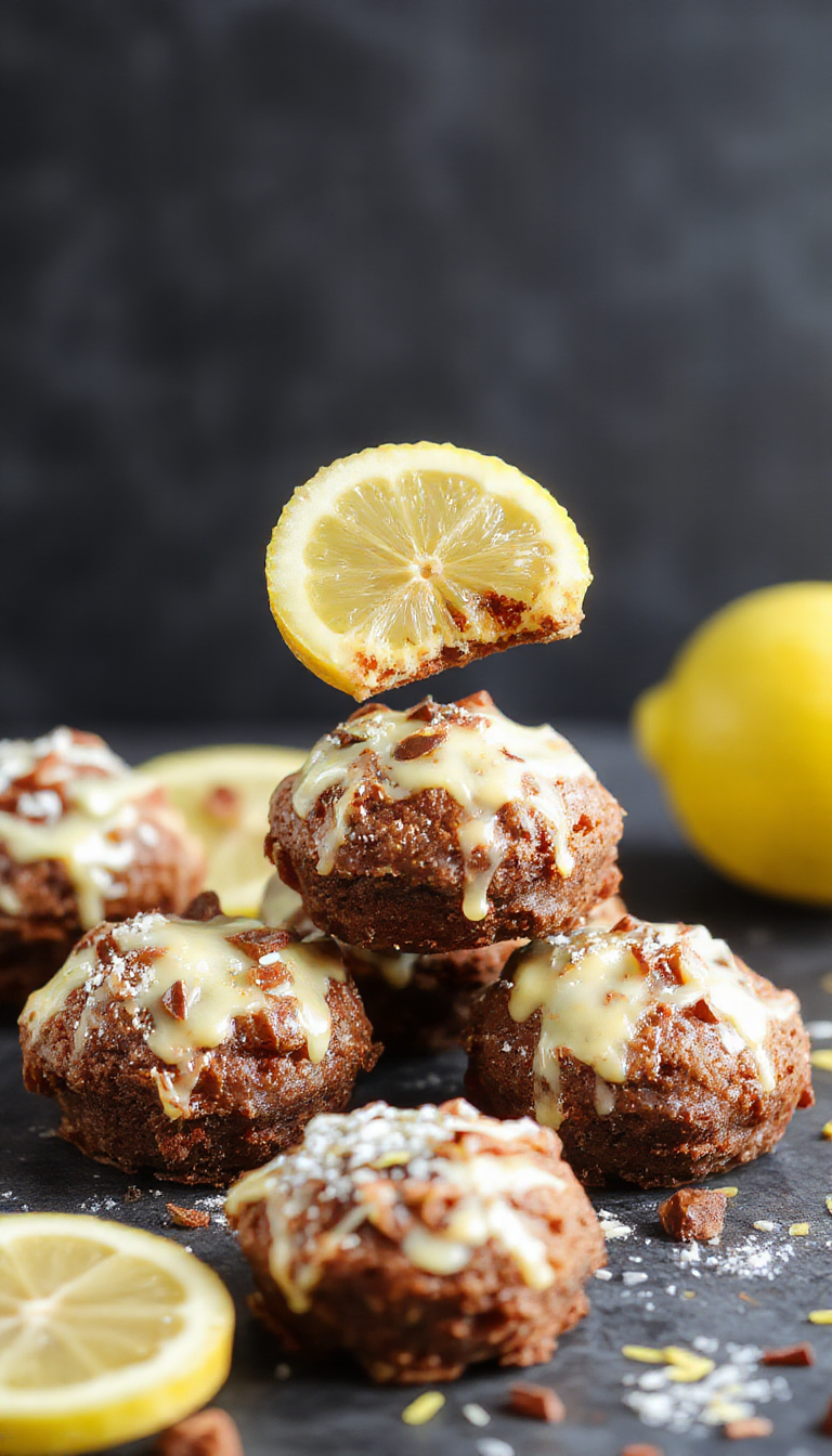 A close-up of Zesty Lemon Brownie Bliss Bites arranged on a plate, showcasing their golden-brown exterior with a hint of lemon zest and powdered sugar dusting.