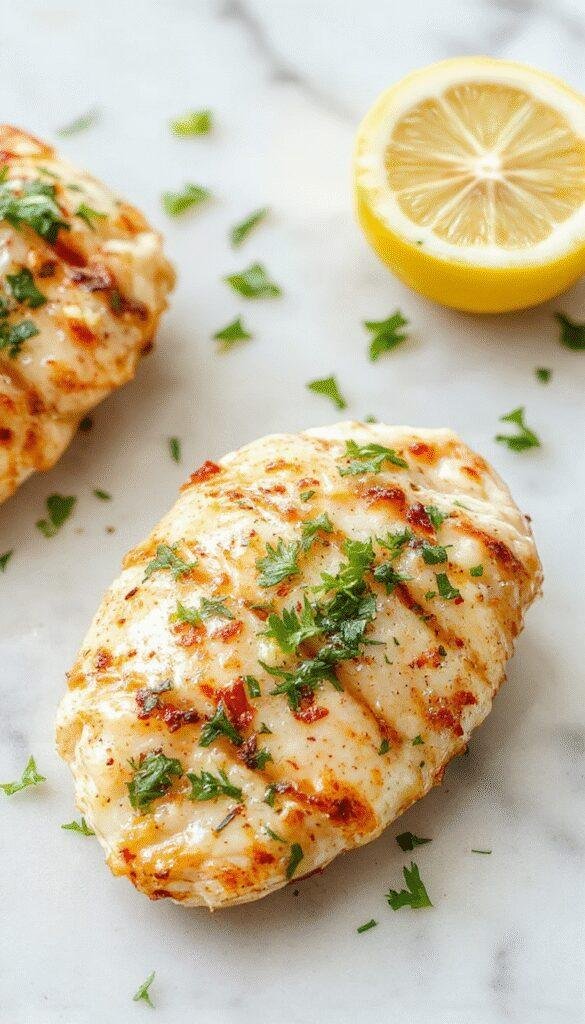 A sizzling plate of golden-brown lemon chicken Romano garnished with fresh parsley, lemon slices, and grated Romano cheese on a rustic white plate with a bright lemon wedge on the side, set against a vibrant yellow background with herbs scattered around.