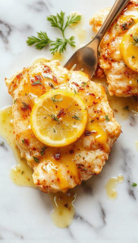 A perfectly cooked lemon chicken breast glazed with glossy lemon butter sauce, garnished with fresh parsley, served on a white plate with lemon slices in the background, vibrant yellow and golden brown hues, textural contrast between tender chicken and smooth sauce