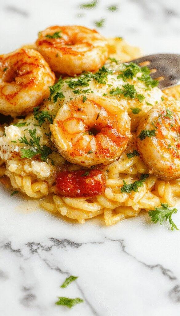 A vibrant plate showcasing tender shrimp tossed with lemon wedges and crumbled feta cheese on a bed of creamy orzo pasta, garnished with fresh herbs and lemon zest, styled on a rustic wooden table with a pop of greenery