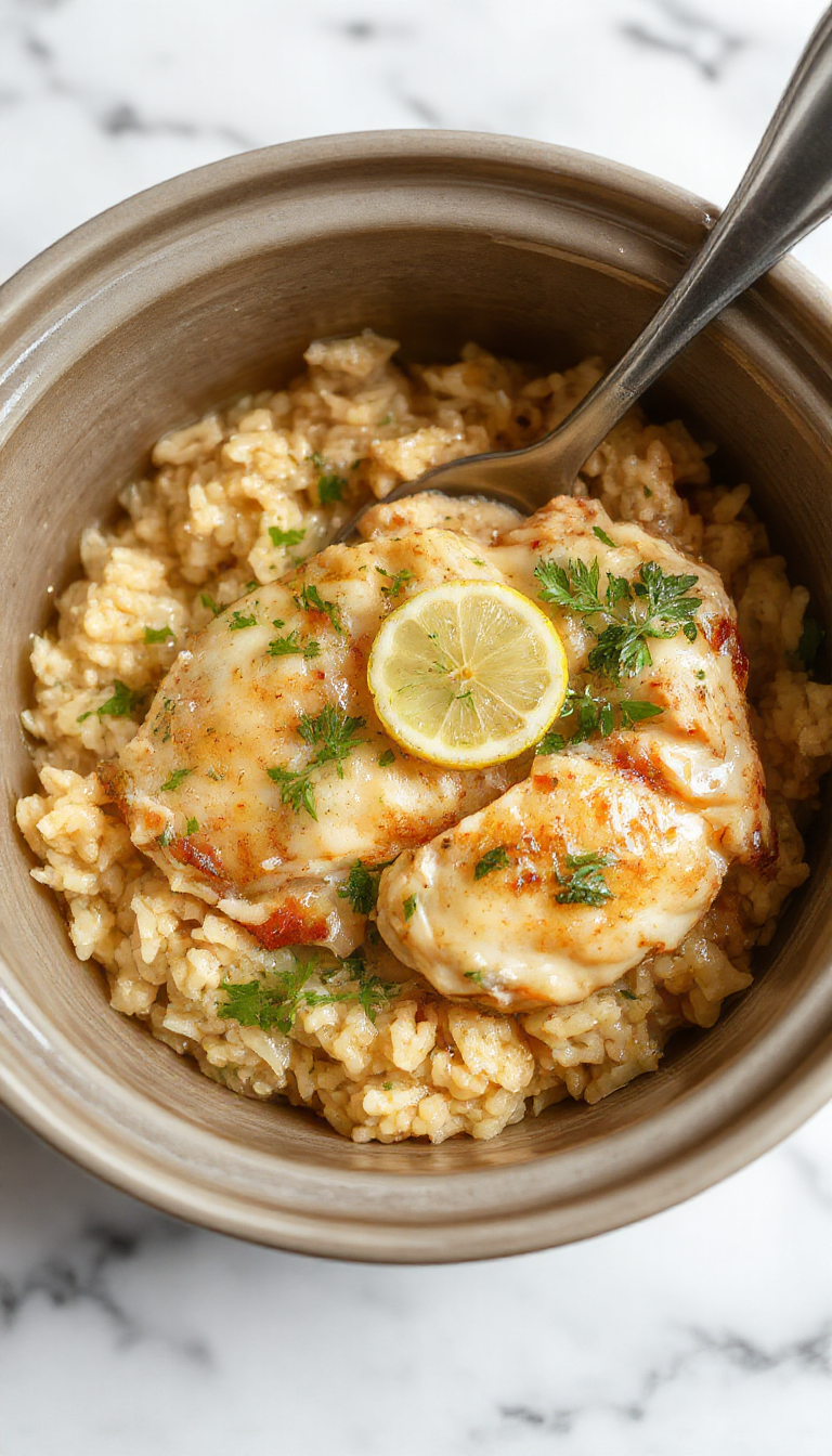 A steaming bowl showcasing tender shredded chicken coated in a bright yellow lemon herb sauce, surrounded by fluffy rice infused with herbs, garnished with fresh lemon slices and chopped parsley, set on a rustic wooden table with a vibrant, appetizing appearance.