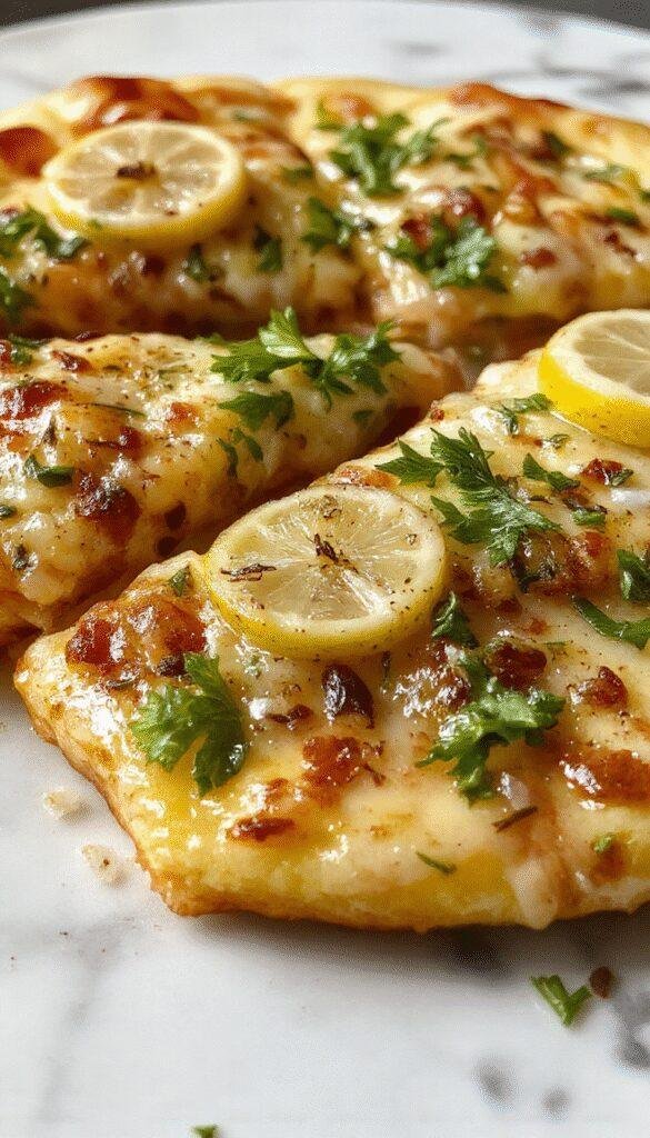 A vibrant lemon pizza topped with fresh green herbs, thin golden crust, slices of lemon, and a drizzle of olive oil, styled on a rustic wooden plate with sprigs of herbs around