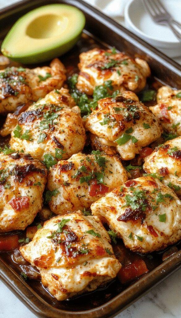 Colorful chicken fajitas sizzling on a sheet pan with vibrant peppers and onions, ready to serve for a quick and tasty meal.