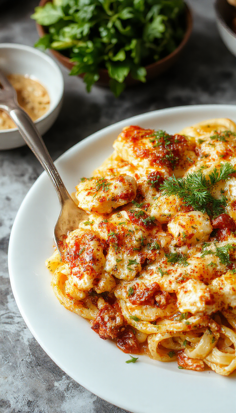 A delicious Zesty Southern Chicken Spaghetti Bake served in a casserole dish topped with melted cheese and garnished with fresh herbs.