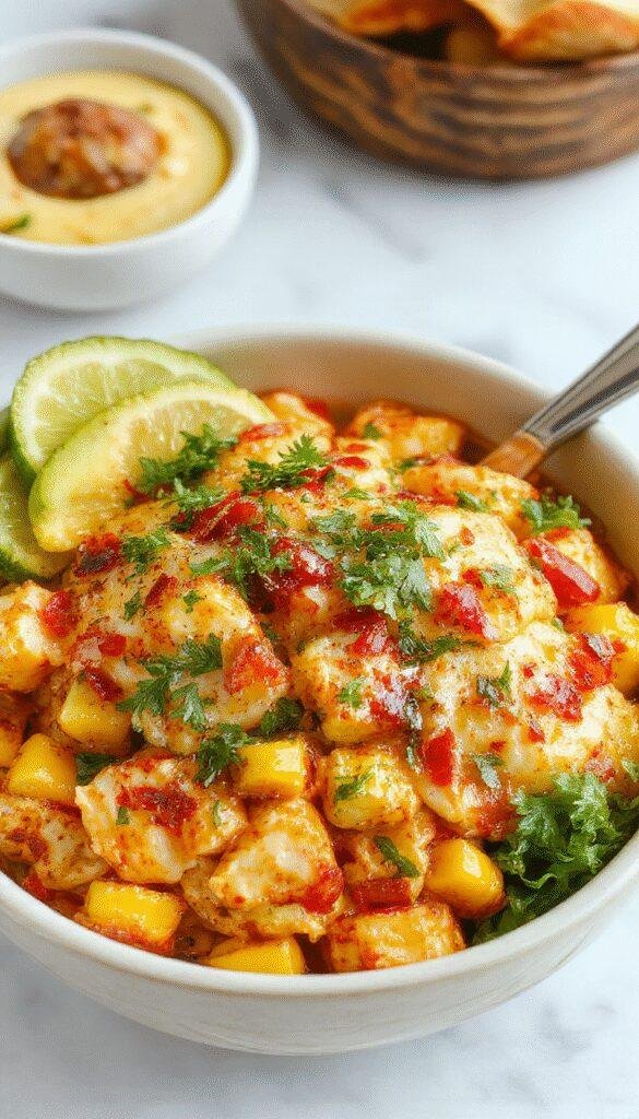A colorful Mexican-inspired chicken bowl featuring grilled chicken slices topped with creamy street corn, fresh cilantro, lime wedges, and a drizzle of sauce, arranged in a sleek white bowl on a rustic wooden table.