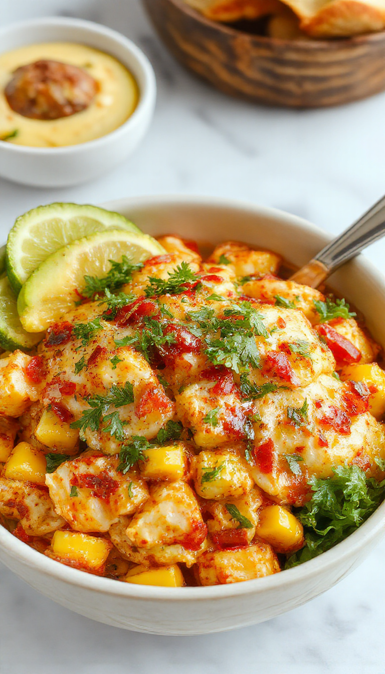A colorful Mexican-inspired chicken bowl featuring grilled chicken slices topped with creamy street corn, fresh cilantro, lime wedges, and a drizzle of sauce, arranged in a sleek white bowl on a rustic wooden table.