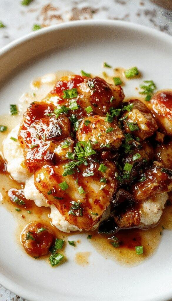 A plate of Zesty Sweet Chicken featuring crispy glazed chicken pieces garnished with fresh herbs, served alongside vibrant vegetables on a rustic wooden table.