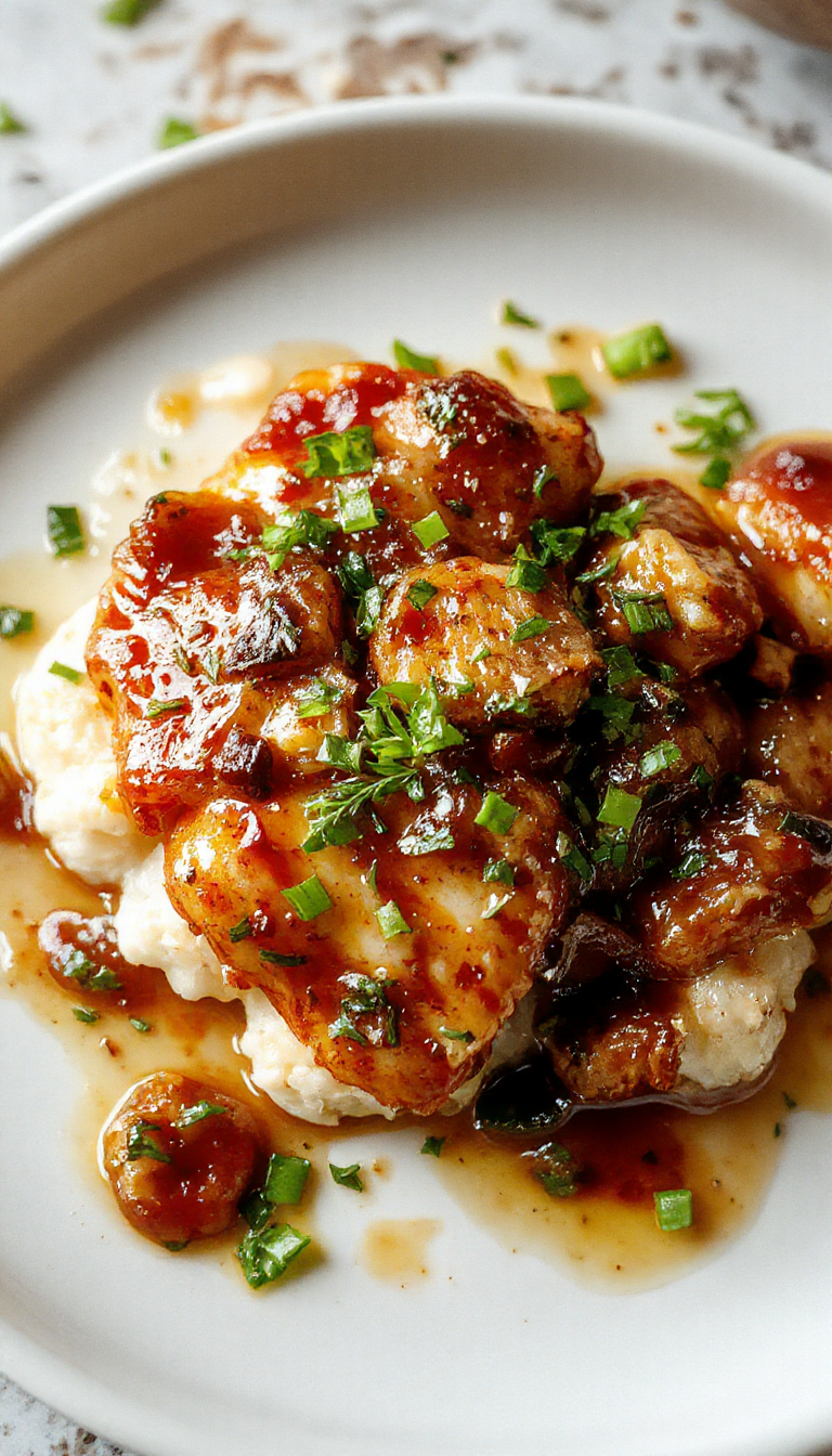 A plate of Zesty Sweet Chicken featuring crispy glazed chicken pieces garnished with fresh herbs, served alongside vibrant vegetables on a rustic wooden table.