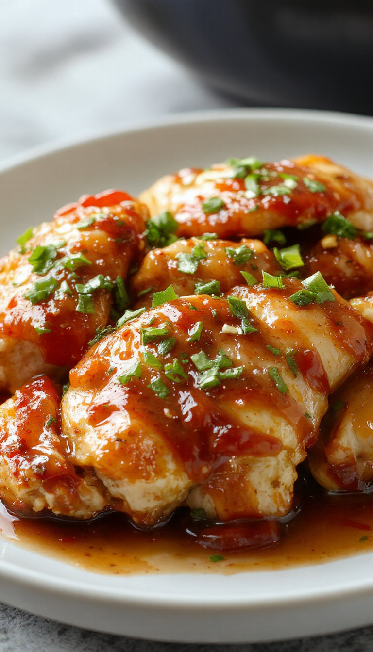 A plate of crispy Zesty Sweet Chili Chicken garnished with fresh herbs, served alongside colorful vegetables on a white dinner plate.