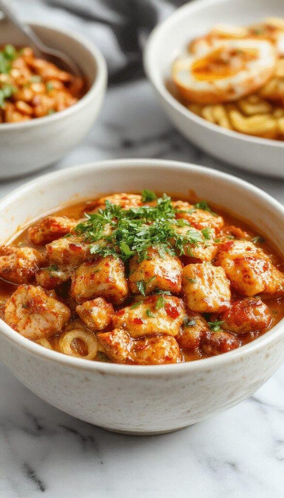 A vibrant plate of sticky garlic chicken noodles featuring tender chicken pieces coated in caramelized garlic sauce, garnished with chopped green onions and sesame seeds, served over glossy, al dente noodles with a rich sauce glistening under warm lighting.