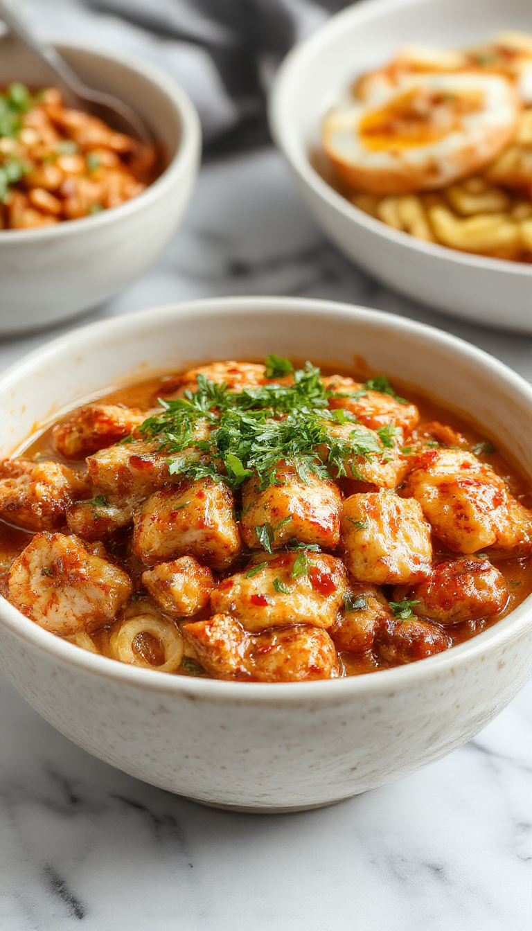 A vibrant plate of sticky garlic chicken noodles featuring tender chicken pieces coated in caramelized garlic sauce, garnished with chopped green onions and sesame seeds, served over glossy, al dente noodles with a rich sauce glistening under warm lighting.