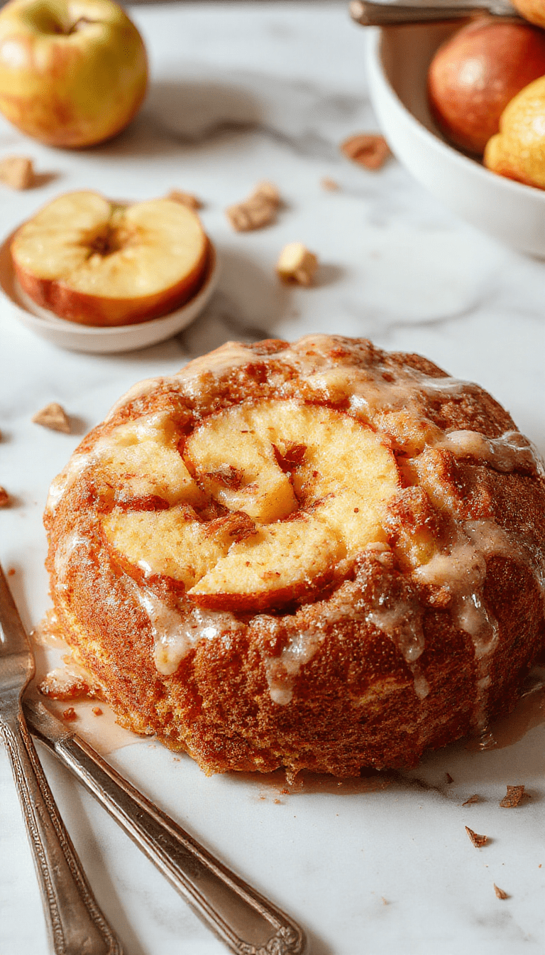 A golden-brown loaf of apple cider pound cake with a light glaze drizzled on top, garnished with sliced fresh apples and a dusting of powdered sugar, set on a rustic wooden surface with an autumn-themed background featuring fall leaves and cinnamon sticks.