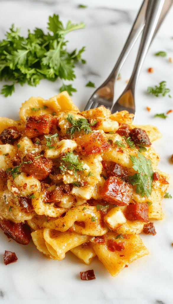 A vibrant bowl of fall harvest pasta salad featuring colorful spiral pasta mixed with roasted butternut squash, kale, cranberries, nuts, and feta cheese, garnished with fresh herbs. The salad is presented in a rustic white ceramic bowl on a wooden table, with a scattering of extra cranberries and herbs around it, showcasing a perfect balance of textures and autumn-inspired colors.