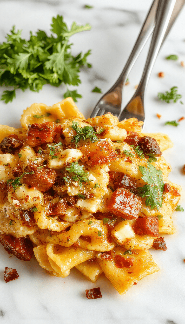 A vibrant bowl of fall harvest pasta salad featuring colorful spiral pasta mixed with roasted butternut squash, kale, cranberries, nuts, and feta cheese, garnished with fresh herbs. The salad is presented in a rustic white ceramic bowl on a wooden table, with a scattering of extra cranberries and herbs around it, showcasing a perfect balance of textures and autumn-inspired colors.
