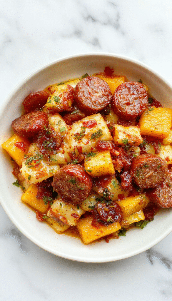 A vibrant plate of autumn sausage pasta arranged elegantly, featuring roasted squash, crispy sausage slices, and fresh herbs. The dish showcases rich orange hues from the squash, browned sausage, and a sprinkle of green herbs, with a glossy sauce coating the pasta, all on a rustic wooden table.