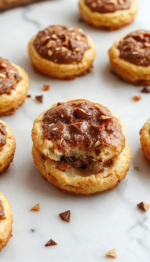 Golden-brown pop tart cookies topped with a glossy caramel glaze, sprinkled with sugar and tiny bits of brown sugar, plated on a rustic wooden board with a vintage background, highlighting the crispy edges and soft center of the cookies.