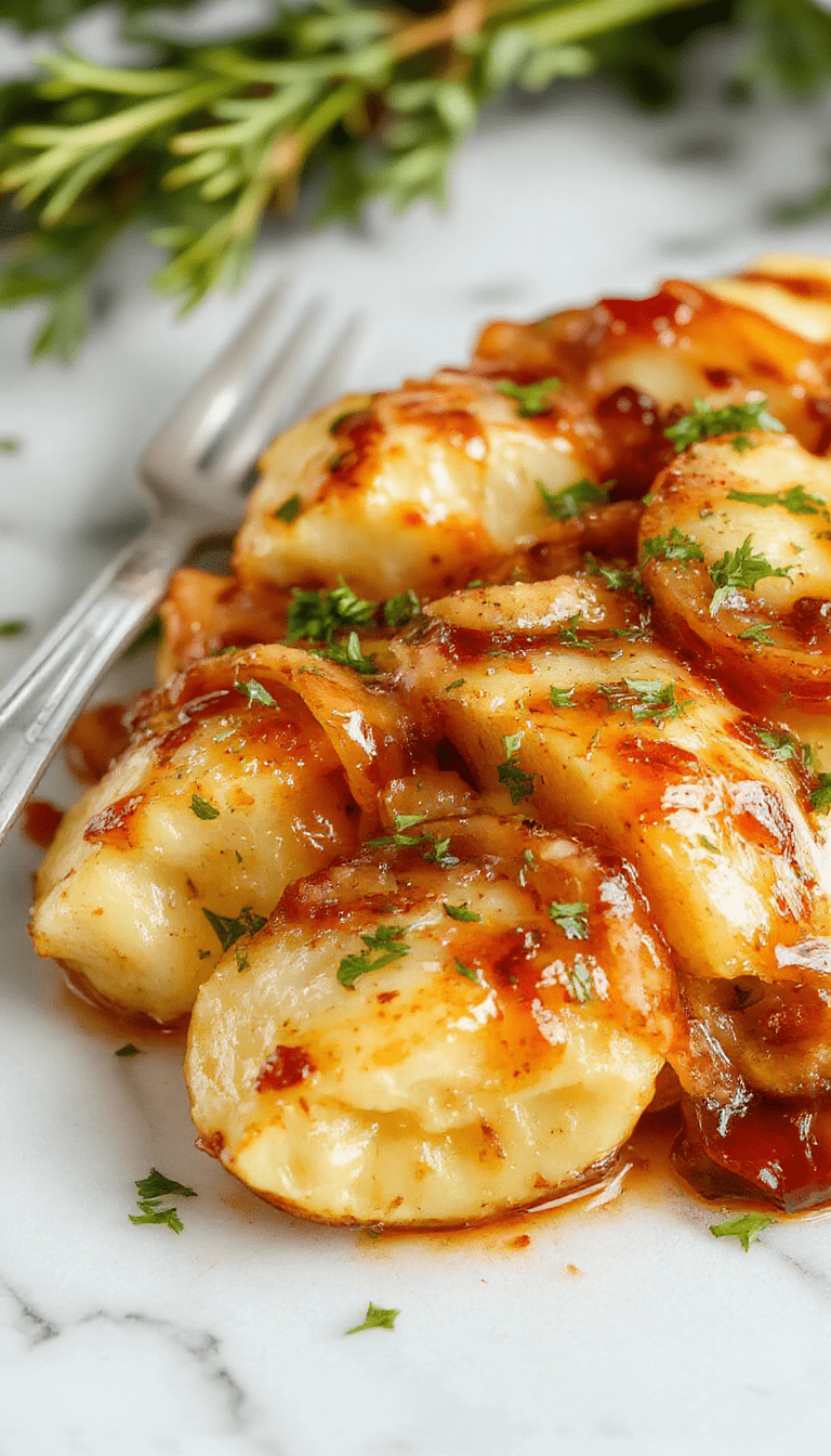 A golden-brown cheesy French onion potato bake served in a stylish baking dish, topped with melted cheese and caramelized onions, garnished with fresh herbs, with a creamy, bubbly texture visible.