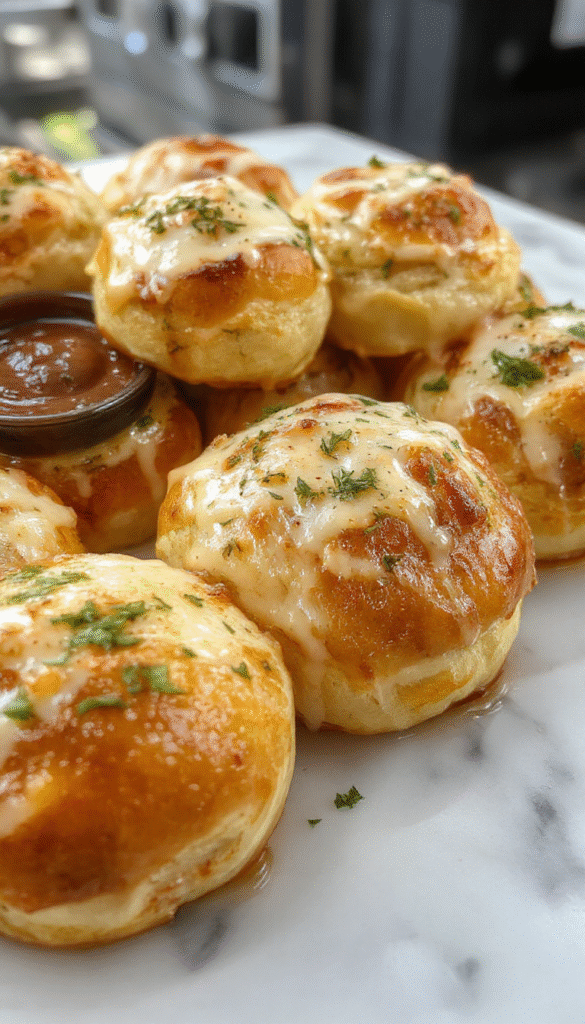 Golden-brown cheesy garlic rolls arranged on a rustic wooden platter, topped with melted cheese, chopped parsley, and visible flecks of garlic, with a soft interior visible through a sliced roll, styled with a napkin and herbs for a cozy, inviting presentation.