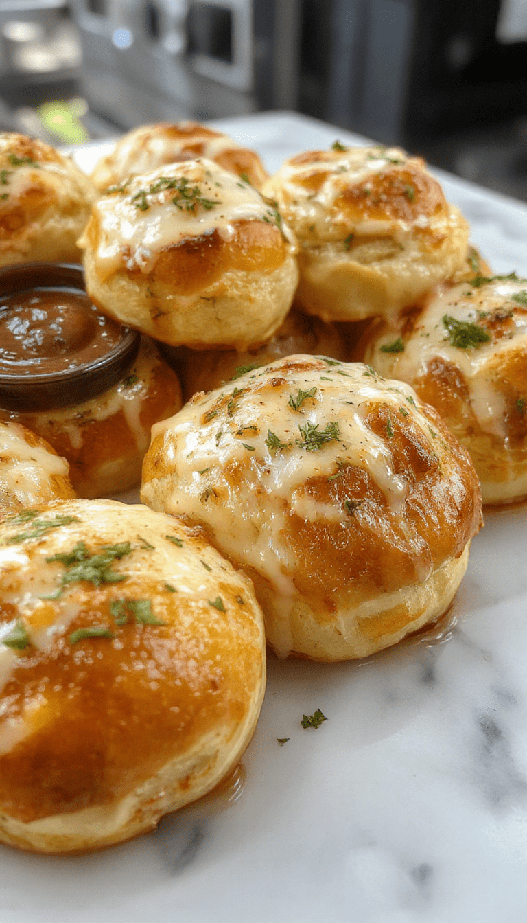 Golden-brown cheesy garlic rolls arranged on a rustic wooden platter, topped with melted cheese, chopped parsley, and visible flecks of garlic, with a soft interior visible through a sliced roll, styled with a napkin and herbs for a cozy, inviting presentation.