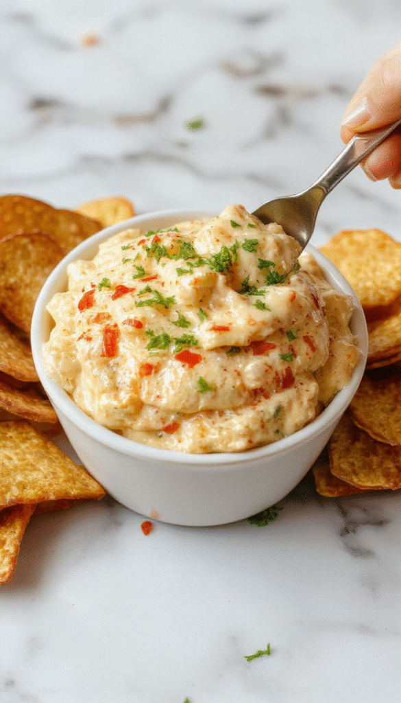 A vibrant close-up of a creamy, cheesy Texas Trash Dip overflowing with melted cheese, diced tomatoes, and green onions, served in a clear glass bowl on a rustic wooden table, garnished with cilantro and accompanied by tortilla chips, with colorful ingredients and a casual, inviting presentation.