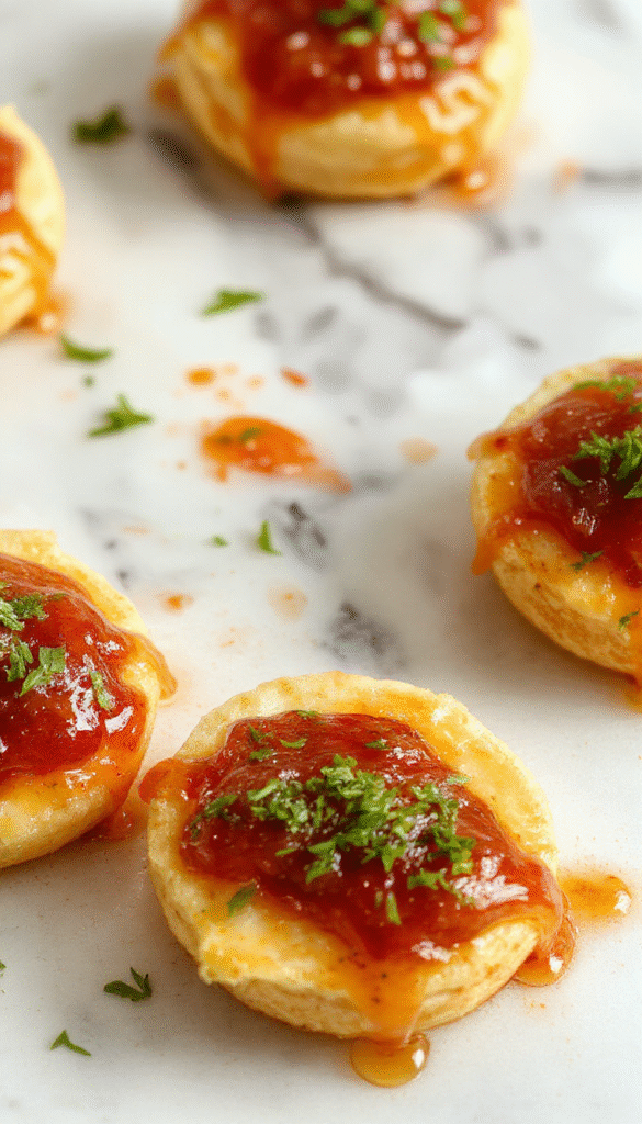 Colorful platter of golden-brown cheesy thumbprint appetizers topped with vibrant red hot pepper jelly, arranged neatly on a white ceramic plate with fresh herbs and a rustic wooden background, highlighting the glossy jelly and creamy cheese filling.