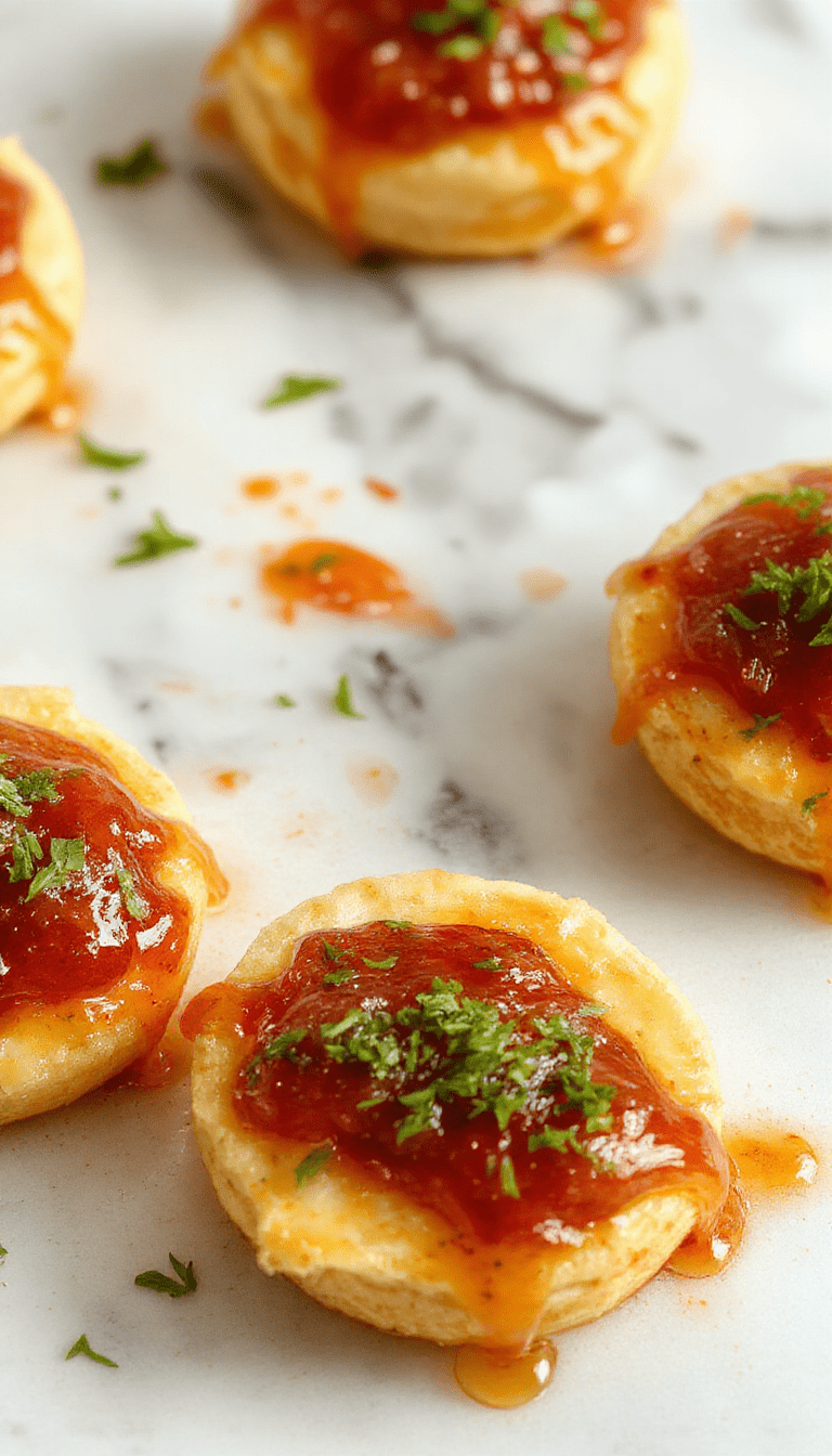 Colorful platter of golden-brown cheesy thumbprint appetizers topped with vibrant red hot pepper jelly, arranged neatly on a white ceramic plate with fresh herbs and a rustic wooden background, highlighting the glossy jelly and creamy cheese filling.