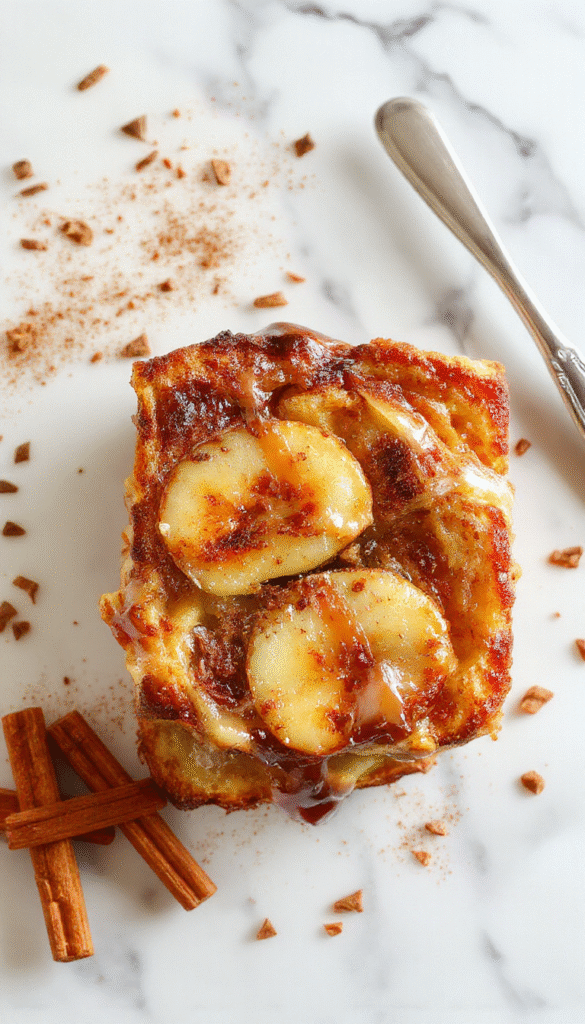 A vibrant close-up of a cinnamon apple French toast bake served in a rustic white dish, topped with powdered sugar and caramelized apple slices, with a golden-brown crust and a drizzle of syrup, garnished with fresh cinnamon sticks and mint leaves.