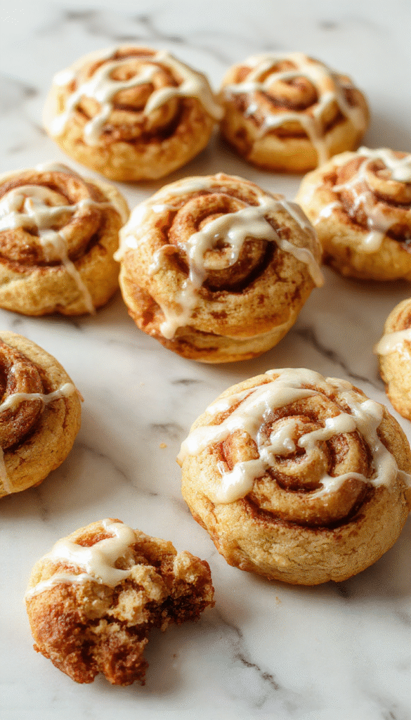 A close-up of golden-brown cinnamon roll cookies topped with a drizzle of glaze. The cookies are arranged on a rustic wooden platter with a cinnamon stick and powdered sugar sprinkle, showcasing their soft, swirled texture and inviting aroma.