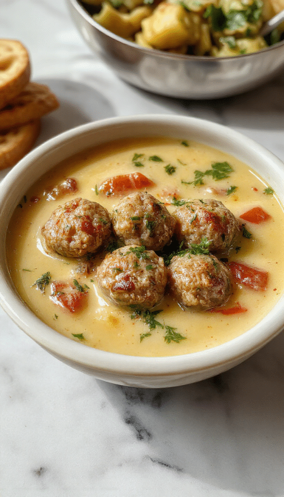 A steaming bowl of Swedish meatball soup featuring tender meatballs in a creamy, light broth, garnished with fresh herbs and served with crusty bread on a rustic wooden table, showcasing warm, inviting colors and textured ingredients.