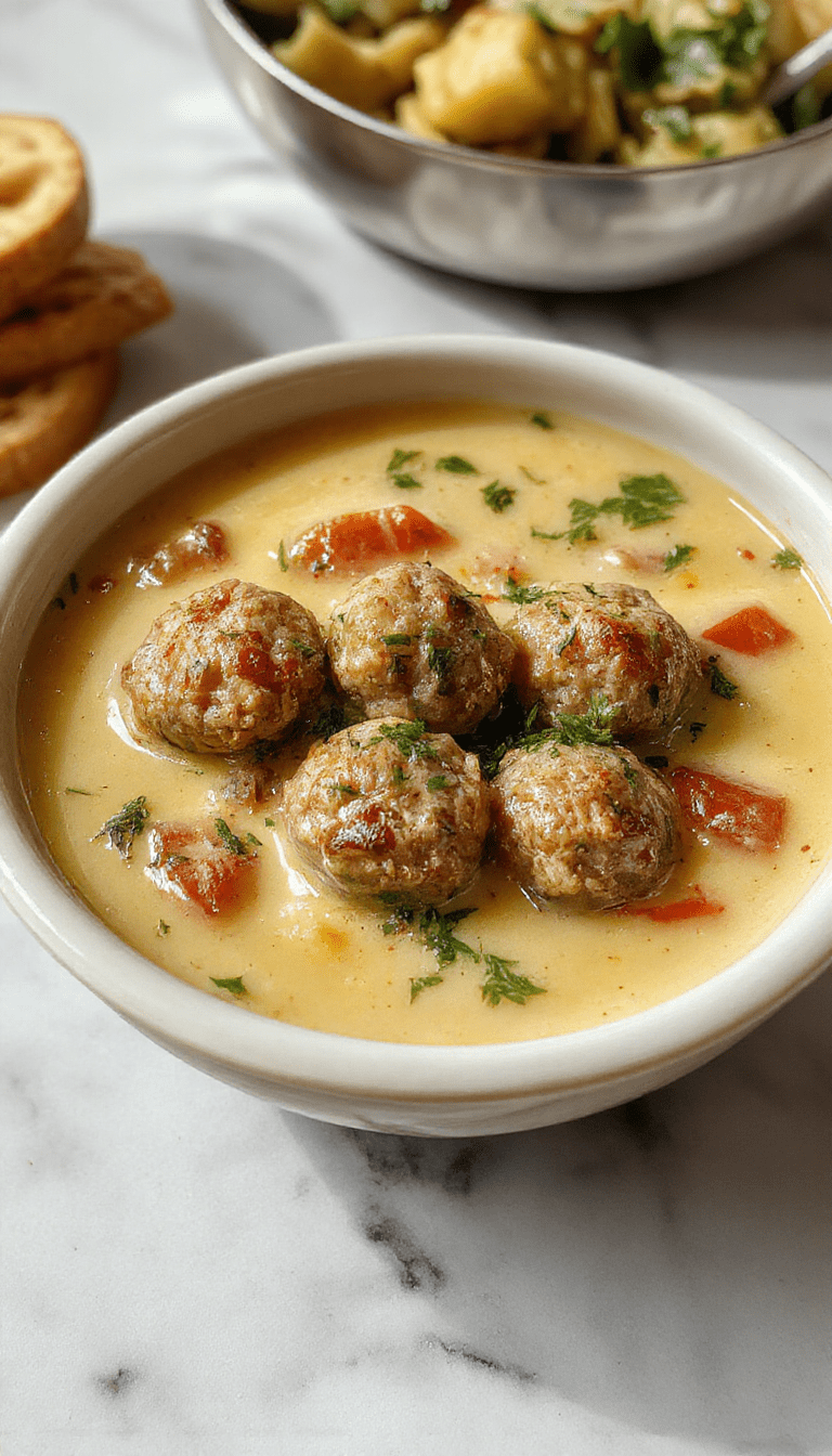 A steaming bowl of Swedish meatball soup featuring tender meatballs in a creamy, light broth, garnished with fresh herbs and served with crusty bread on a rustic wooden table, showcasing warm, inviting colors and textured ingredients.