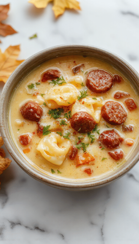 A bowl of warm autumn tortellini soup topped with crispy sausage slices, garnished with fresh herbs and served with a rustic spoon on a wooden table, surrounded by seasonal fall decorations and ingredients like tortellini, sausage, and vegetables, emphasizing textures of smooth broth, tender pasta, and crispy sausage bits.