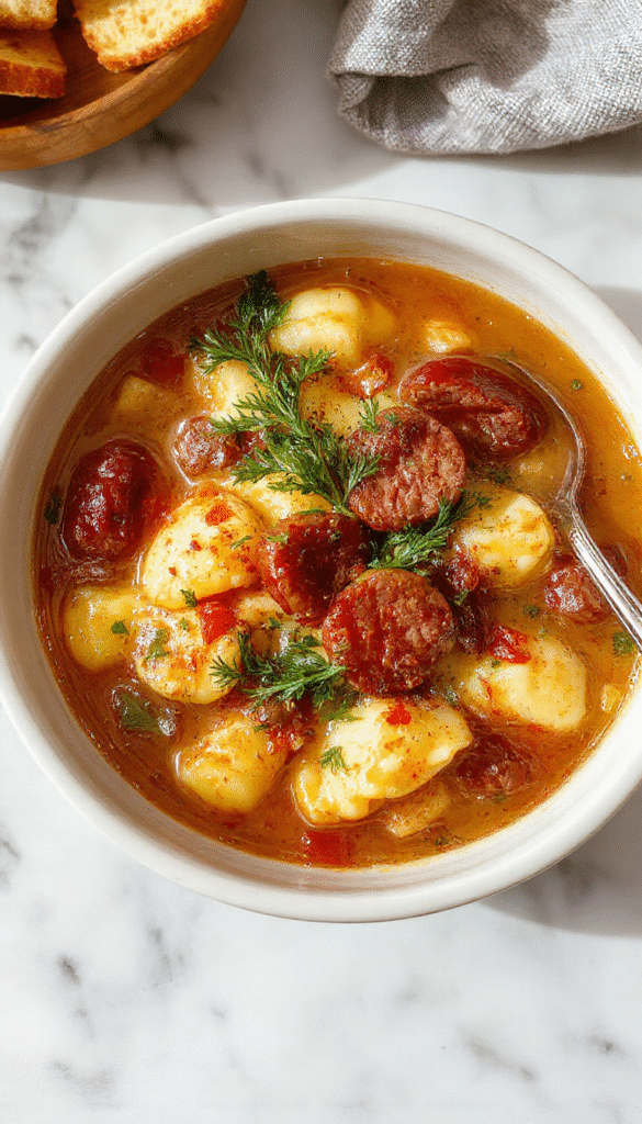 A vibrant bowl of autumn tortellini soup featuring plump cheese tortellini, slices of savory sausage, and fresh herbs in a rich golden broth, garnished with grated cheese and chopped parsley, styled in a warm rustic bowl with a wooden background and seasonal fall decorations