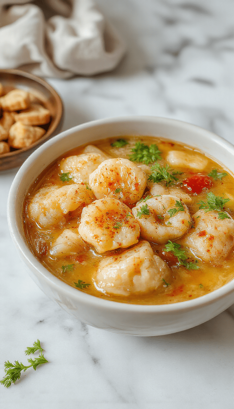 A vibrant bowl of potsticker soup featuring golden-brown potstickers floating in a clear, aromatic broth with chopped green onions and shredded carrots, garnished with fresh herbs on a rustic wooden table