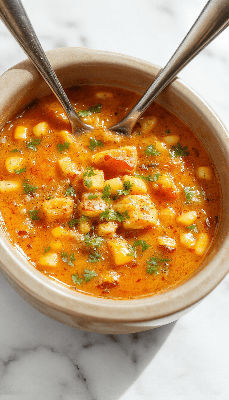 A bowl of vibrant yellow Mexican street corn soup garnished with fresh cilantro, crumbled queso fresco, and a slice of lime on a rustic wooden surface, with a spoon scooping up creamy, textured soup topped with a sprinkle of chili powder and crispy corn bits, styled for a cozy, inviting night meal